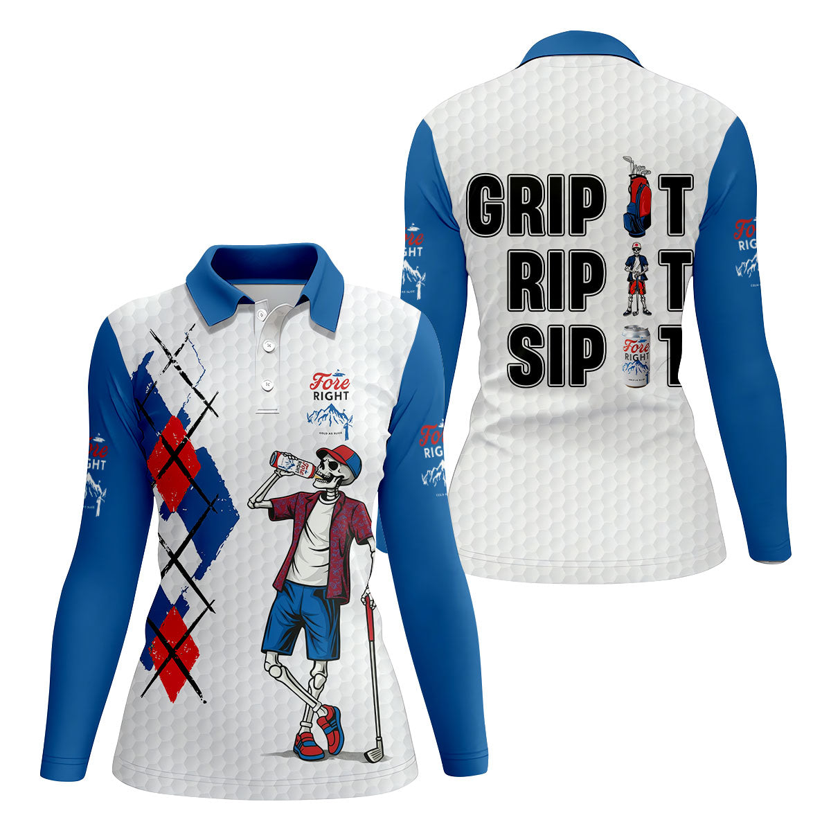 Fore Right Funny Skeleton Golf And Beer Red White  Women's Golf Tops, Ladies Golf Shirts