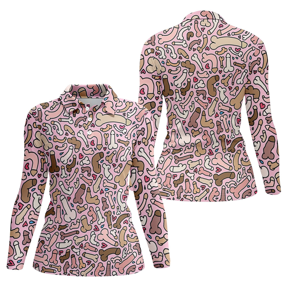 Funny Adult Doodle Pink Pattern Polo Shirt, Womens Golf Polo, Golf Shirts For Women