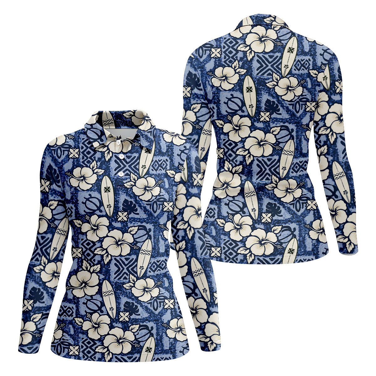 Blue Hawaiian Surfboard Hibiscus Golf Shirt, Women's Golf Shirt, Hawaiian Golf Shirt, Golf Polo For Women