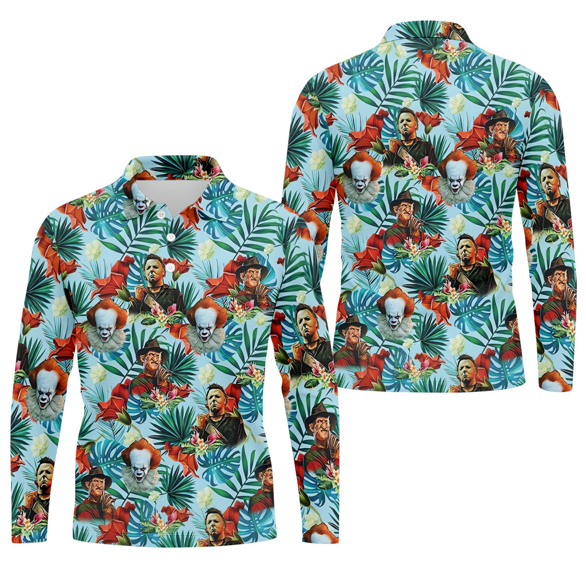 Tropical Horror Character Hawaiian Golf Shirt, Mens Golf Polo, Halloween Golf Shirt