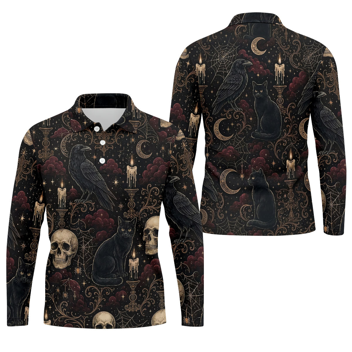 Gothic Raven Black Cat Skull Halloween Polo Shirt, Golf Shirts For Men, Mens Golf Apparel