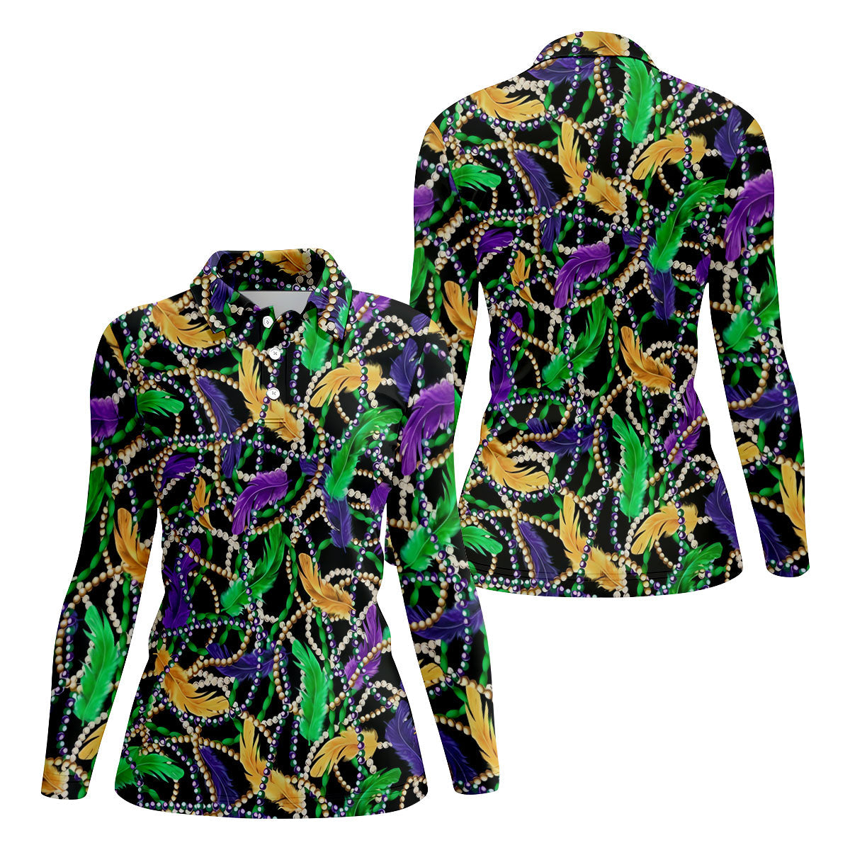 Purple Green Gold Feather Beads Mardi Gras Golf Shirt, Women's Golf Tops, Ladies Golf Polos
