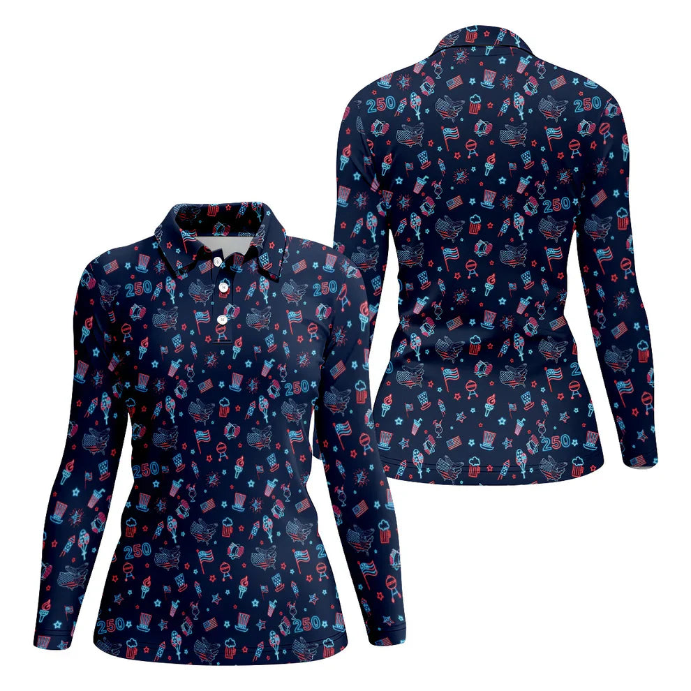250th Anniversary Doodle Style Neon Pattern Ladies Golf Tops, Patriotic 4th Of July Golf Shirt For Women