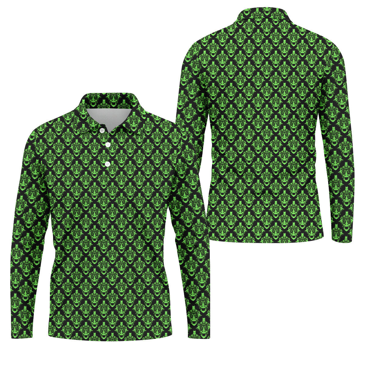 Neon Green Horror Character Pattern Golf Shirt, Mens Golf Polo, Halloween Golf Shirt