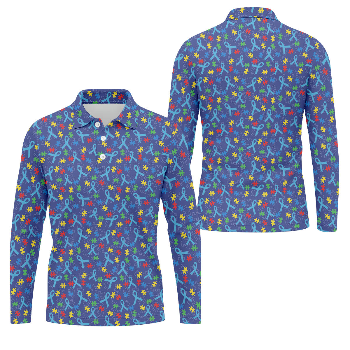 Autism Puzzle Ribbon Pattern Golf Tops For Men, Autism Awareness Color Polo ShirtFor Men, Golf Shirts For Men