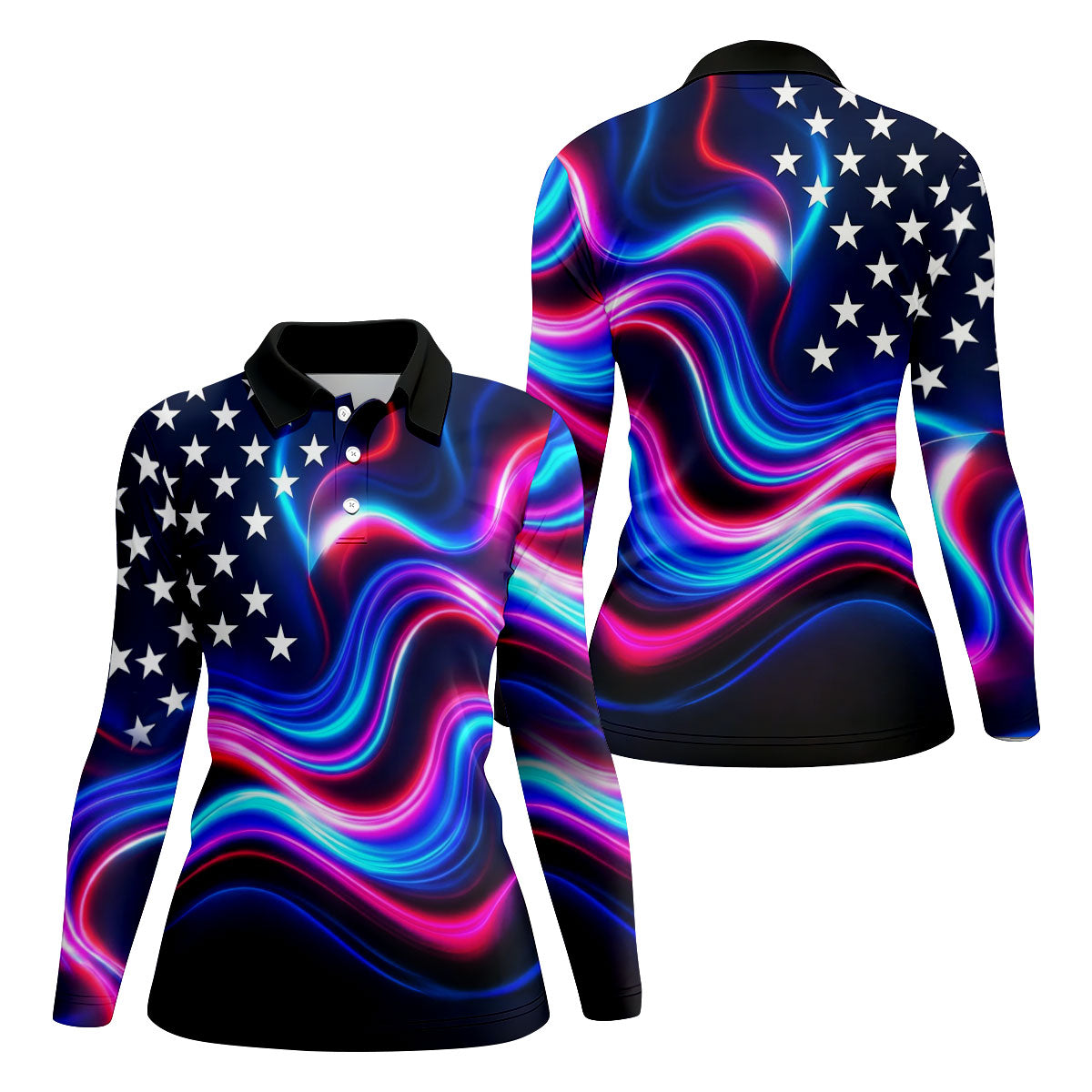Star Pattern Neon Color Wavy Stripes 250th Anniversary, Patriotic 4th Of July Golf Shirt For Women