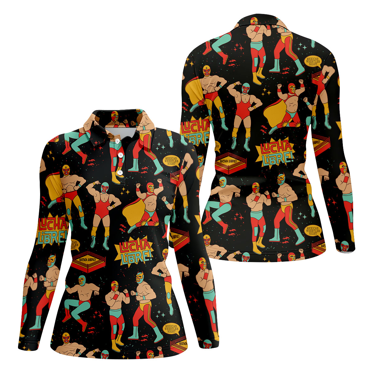 Black Lucha Libre Mexican Wrestler Pattern Golf Shirt, Ladies Golf Shirts, Golf Polo For Women