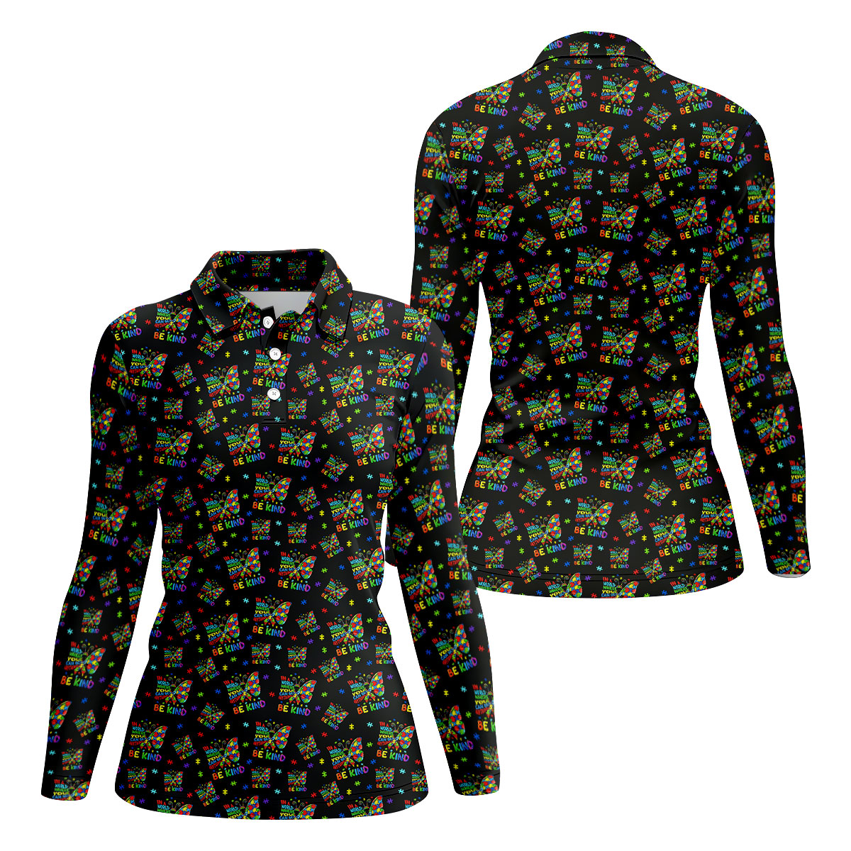 In A World Where You Can Be Anything Be Kind Rainbow Butterfly Autism Awareness Black Golf Shirt, Women's Golf Tops