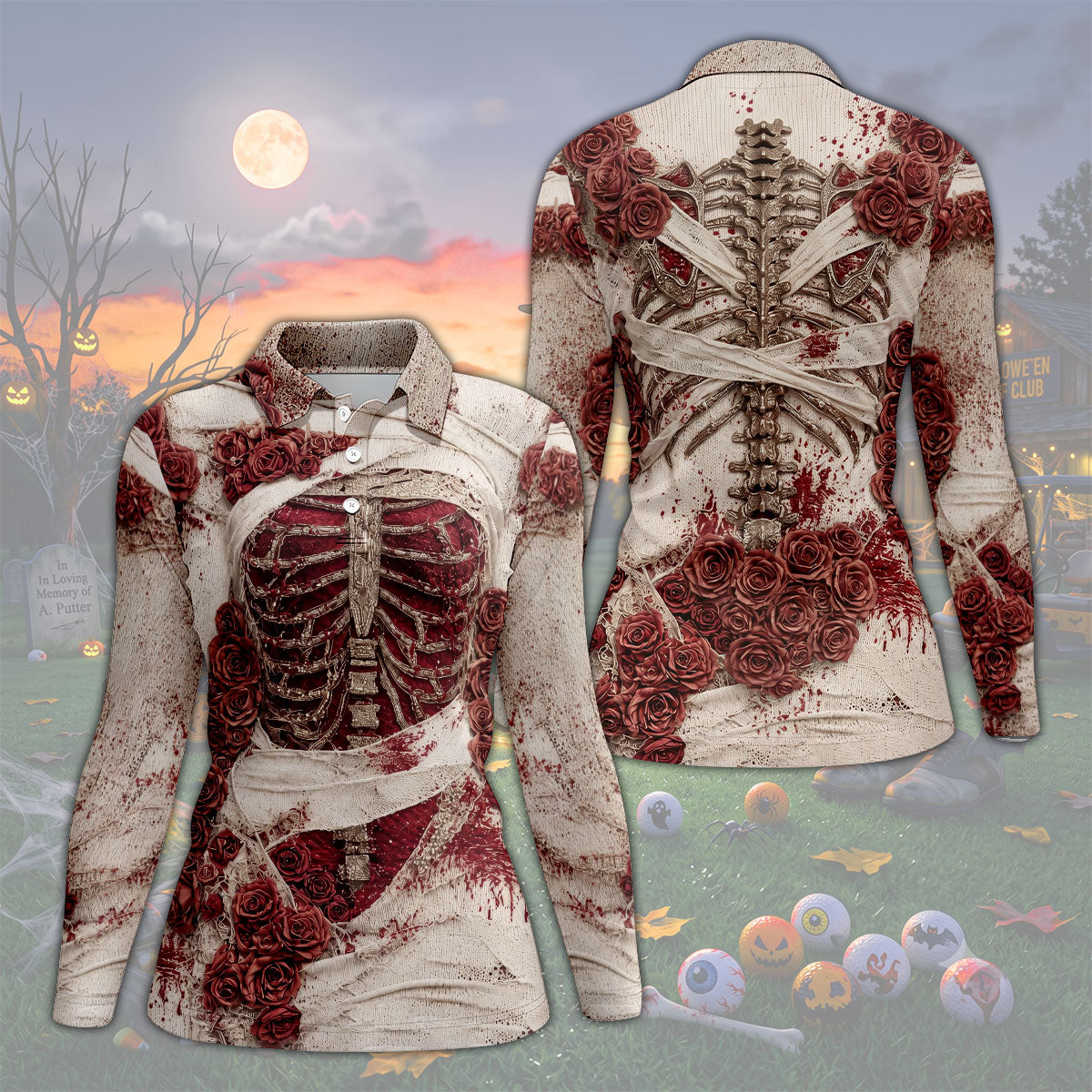 Bloody Skeleton Rose Halloween Polo Shirt, Golf Tops For Women, Women’s Golf Apparel