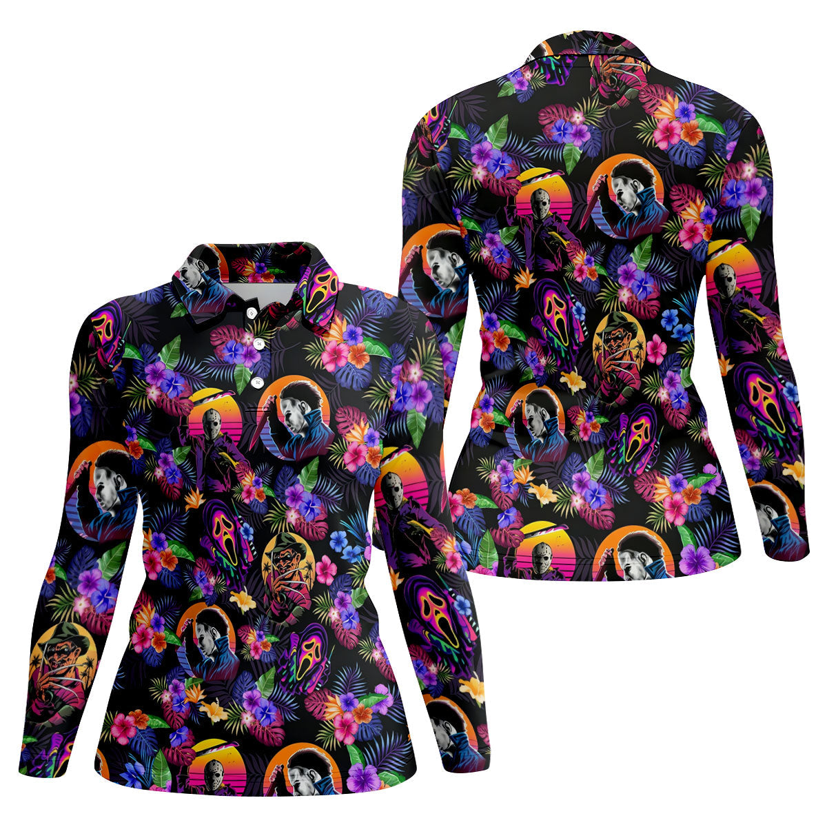 Retro Neon Horror Character Halloween Golf Shirt, Women’s Golf Polo, Printed Golf Shirt
