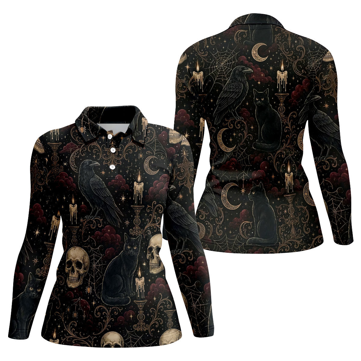 Gothic Raven Black Cat Skull Halloween Polo Shirt, Golf Polo For Women, Ladies Golf Shirts