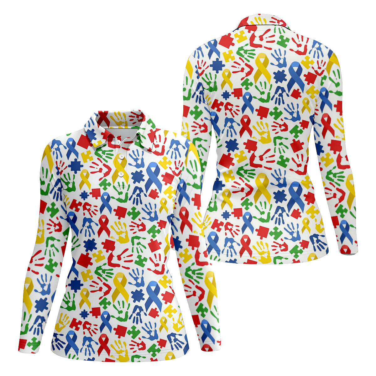 Autism Ribbon Colorful Puzzle Pieces Handprints Ladies Golf Shirts, Golf Shirt For Women, Ladies Golf Polos