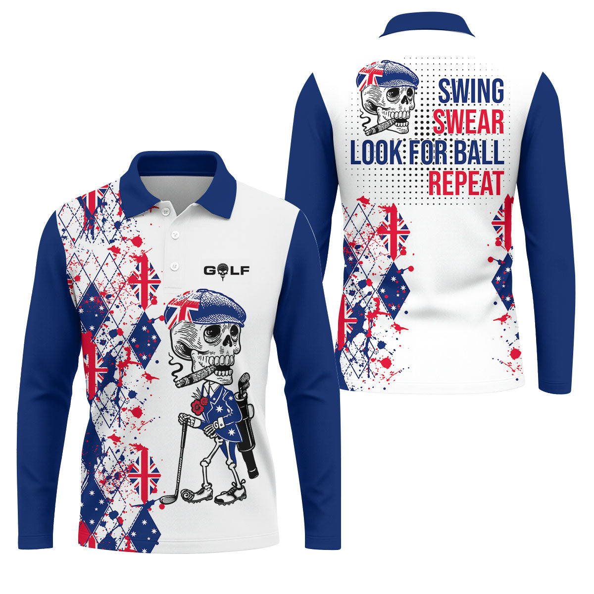 Swing Swear Look For Ball Repeat Australia Flag Print Skeleton Golfer Argyle Golf Shirt, Polo Shirts For Men