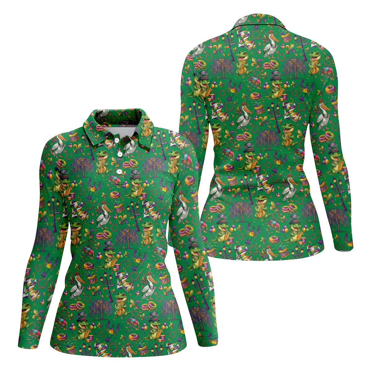 Mardi Gras Fleur De Lis Animal Band Green Golf Shirt, Women's Golf Shirts, Ladies Golf Polos