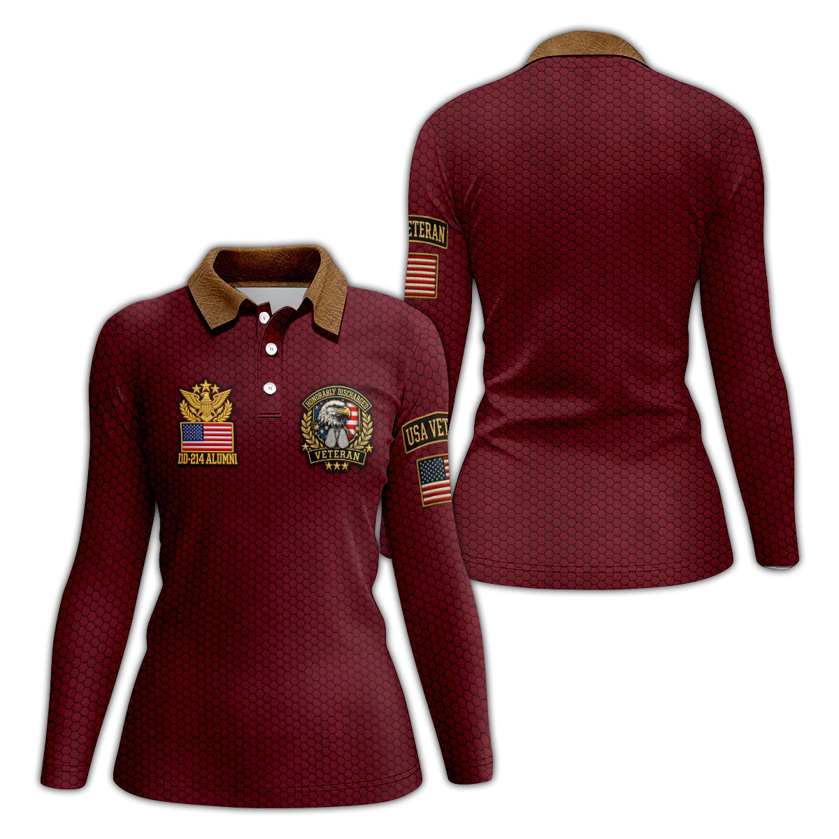 DD-214 Maroon Honeycomb Veteran Polo Shirt, Golf Shirts For Women, Veterans Day Shirt