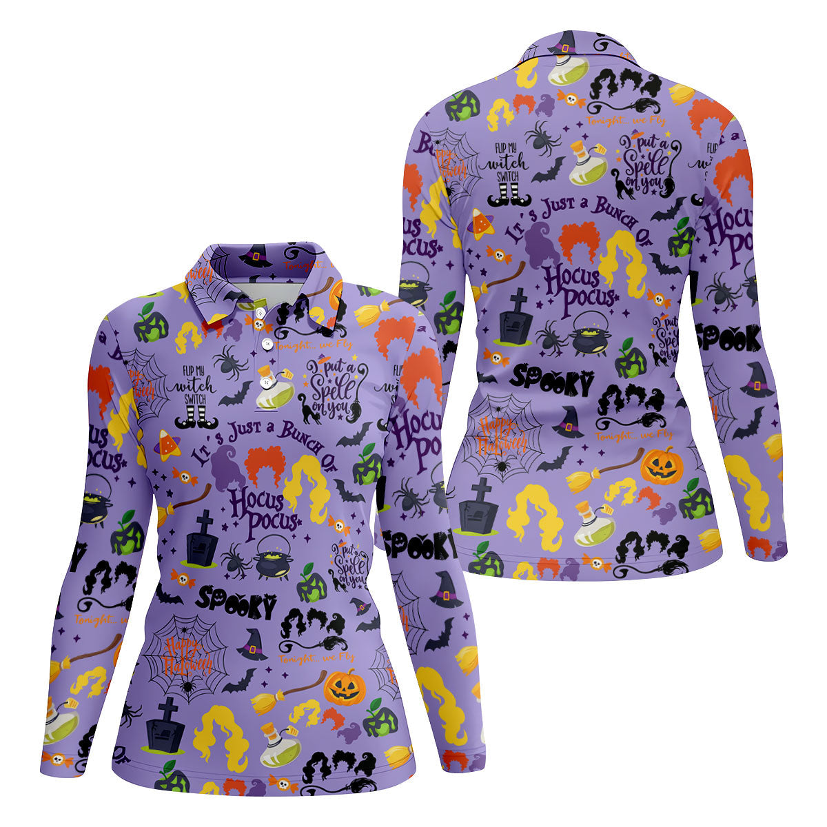 Happy Halloween Witch Spell Pattern Polo Shirt, Women's Golf Polo, Hawaiian Golf Shirt