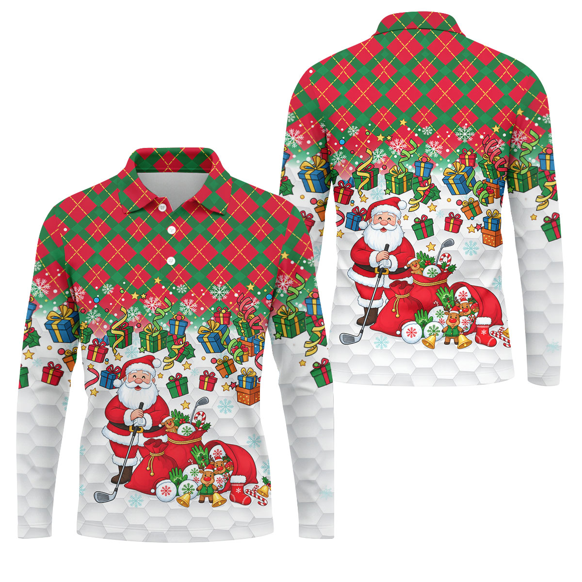 Christmas Santa Golfer and Gifts Polo Shirt, Printed Golf Shirts, Mens Golf Polo