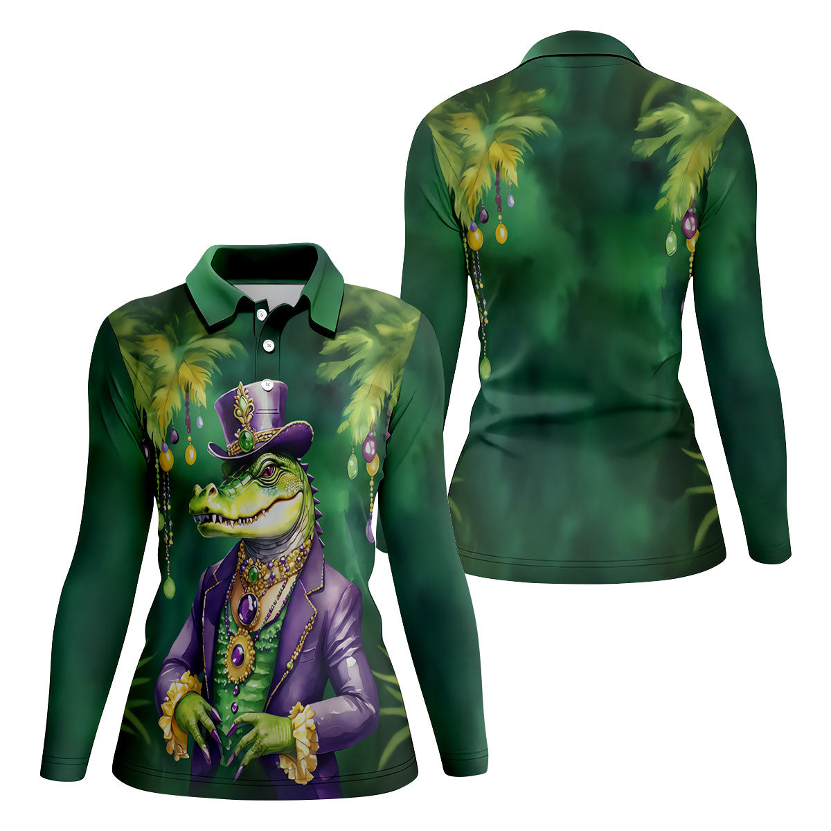 Mardi Gras Alligator Green Golf Shirt, Fun Women's Golf Shirts, Women's Golf Tops, Ladies Golf Polos