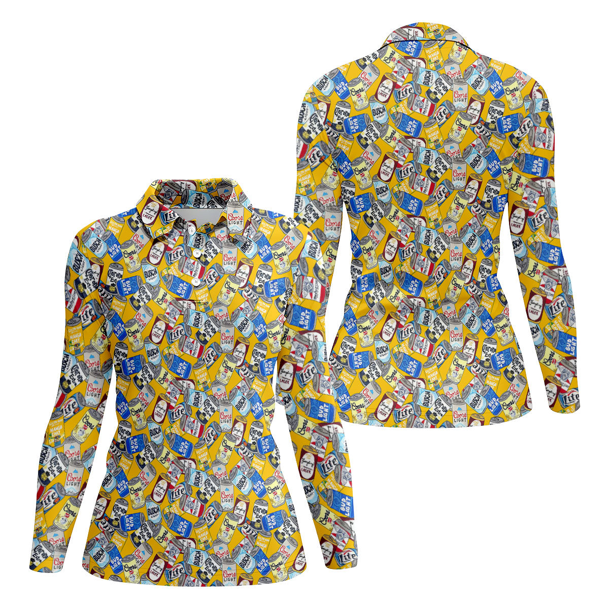 American Beer Cans Yellow Golf Shirt, Ladies Golf Shirts, Golf And Beer Golf Shirt For Women