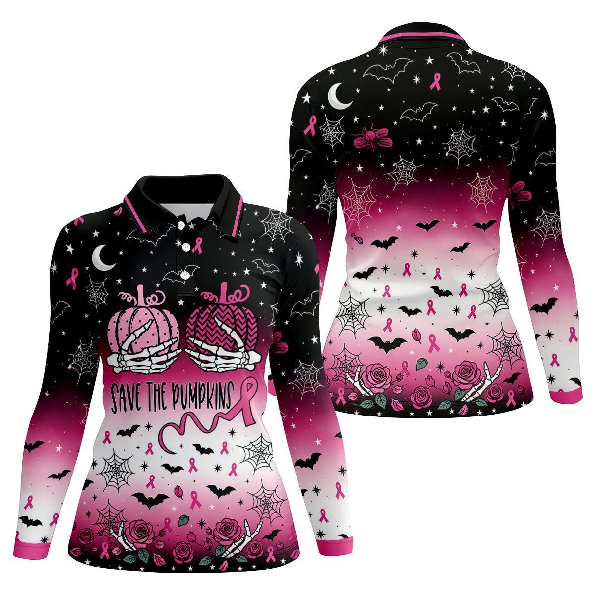 Save The Pumpkins Halloween Breast Cancer Polo Shirt, Womens Golf Tops, Women’s Golf Polo