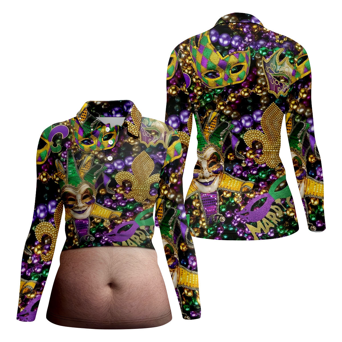 Mardi Gras Purple Green Gold Fleur De Lis Jester Mask Funny Tummy Women's Golf Tops, Fun Women's Golf Shirts