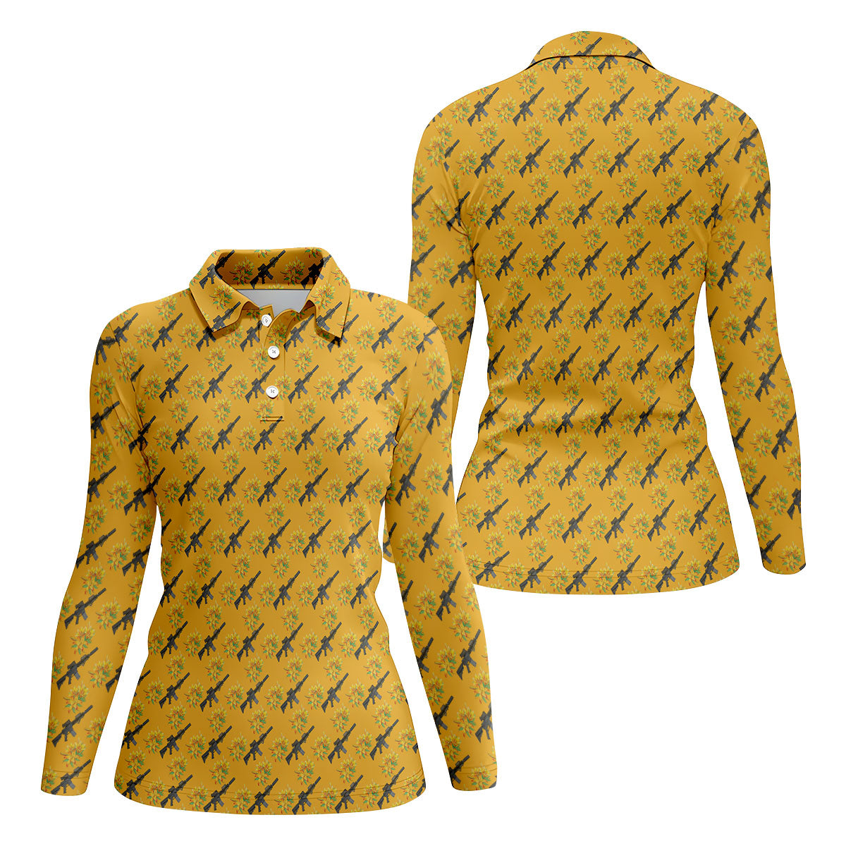 Gun And Flower Yellow Lily Flower Seamless Pattern Yellow Golf Shirt, Women's Golf Tops, Ladies Golf Shirt