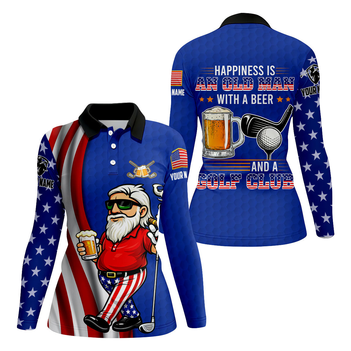 Happiness Is An Old Man With A Beer Funny 4th Of July Navy Golf Shirt, 250th Anniversary Women's Golf Tops