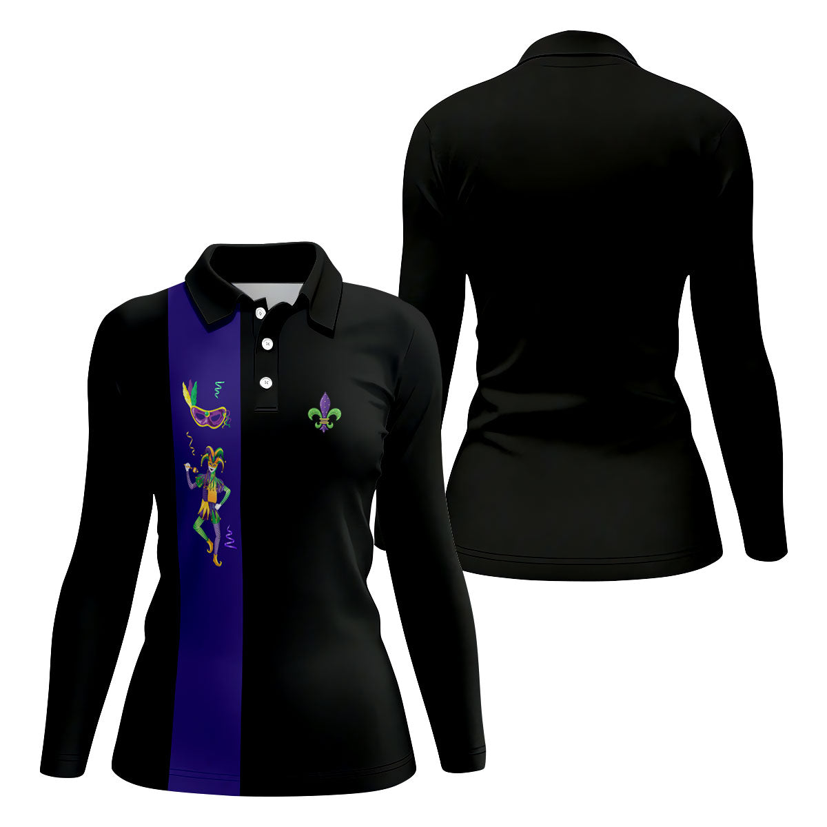Mardi Gras Festival Jester Figure Fleur De Lis Symbol Black Golf Shirt, Women's Golf Tops, Ladies Golf Polos