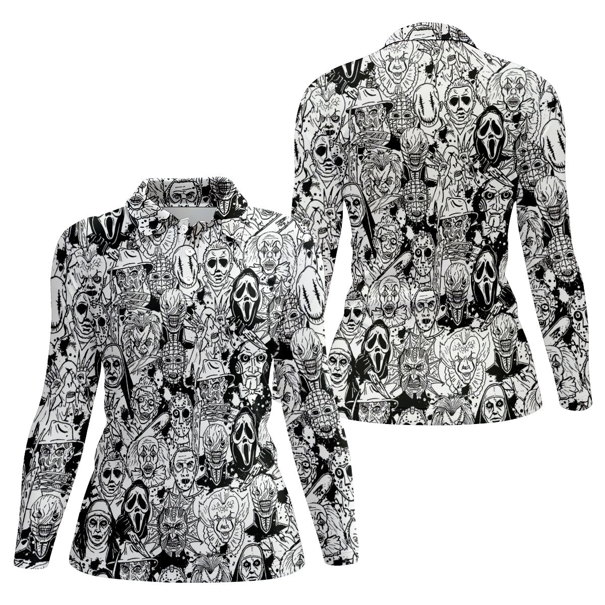 Black White Horror Character Sketch Golf Shirt, Women’s Golf Polo, Halloween Golf Shirt