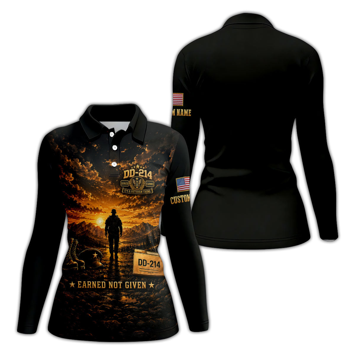 Custom DD-214 Sunset Soldier Golf Polo Shirt, Womens Golf Polo, Veterans Day Shirt