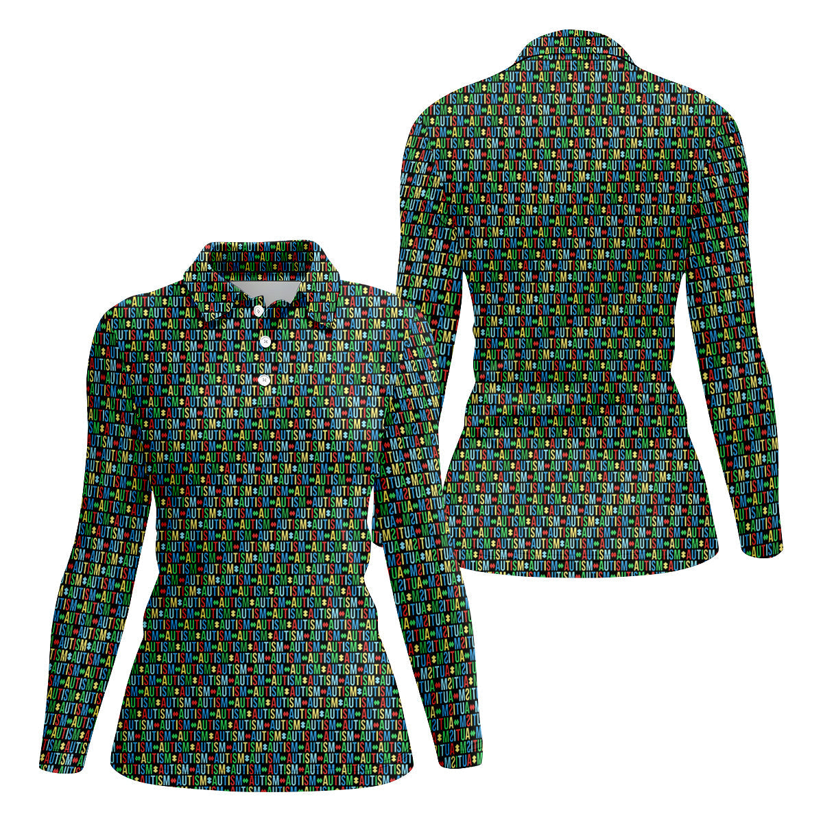 Autism Awareness Colorful Letters Seamless Pattern Ladies Golf Shirts, Golf Shirt For Women