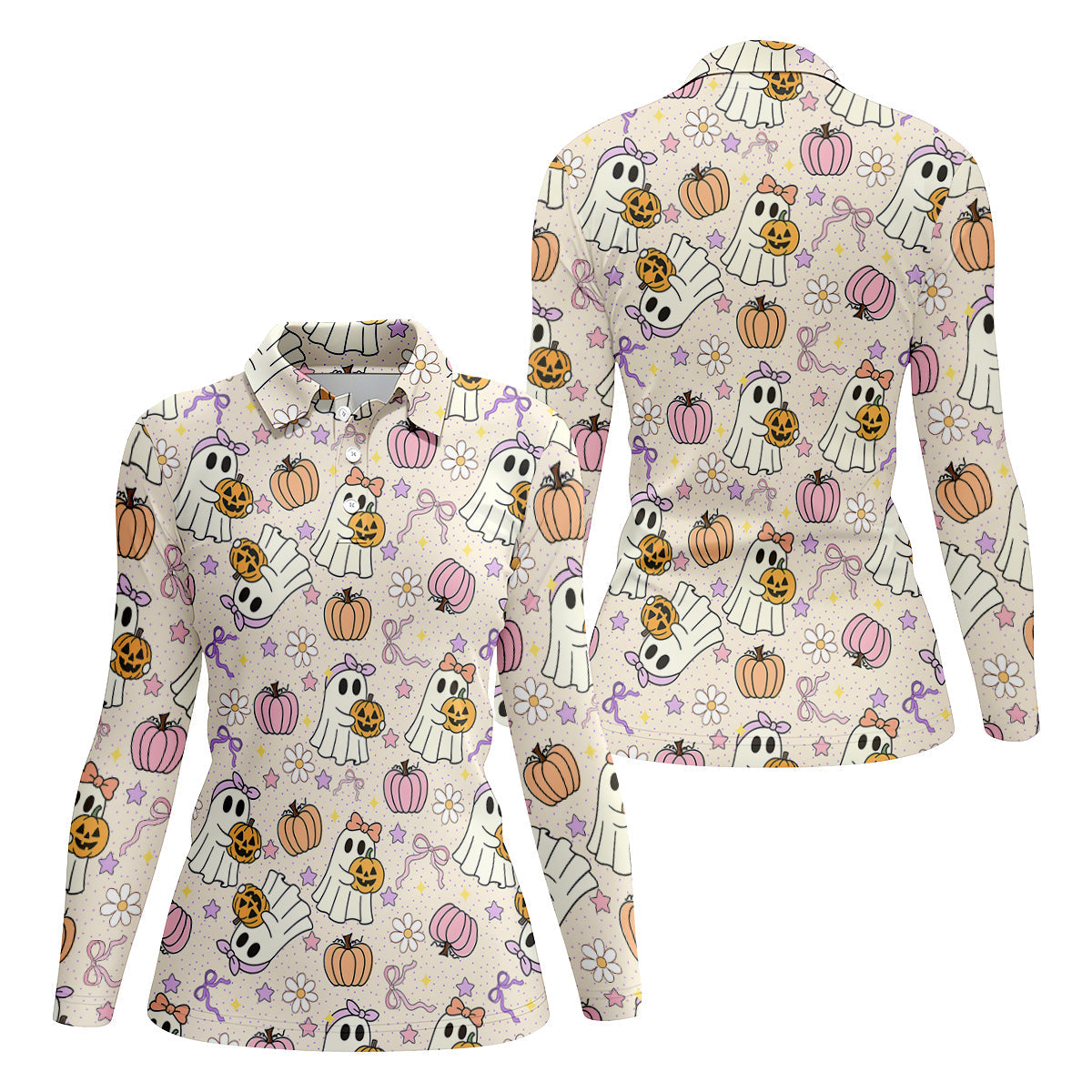 Halloween Seamless Pattern Cute Golf Shirt, Retro Halloween Ladies Golf Tops, Golf Gifts For Women