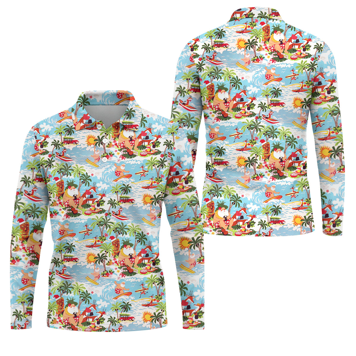 Surfing Santa Tropical Christmas Golf Shirt, Beach Reindeer Holiday Polo, Hawaiian Golf Shirt, Printed Golf Shirts
