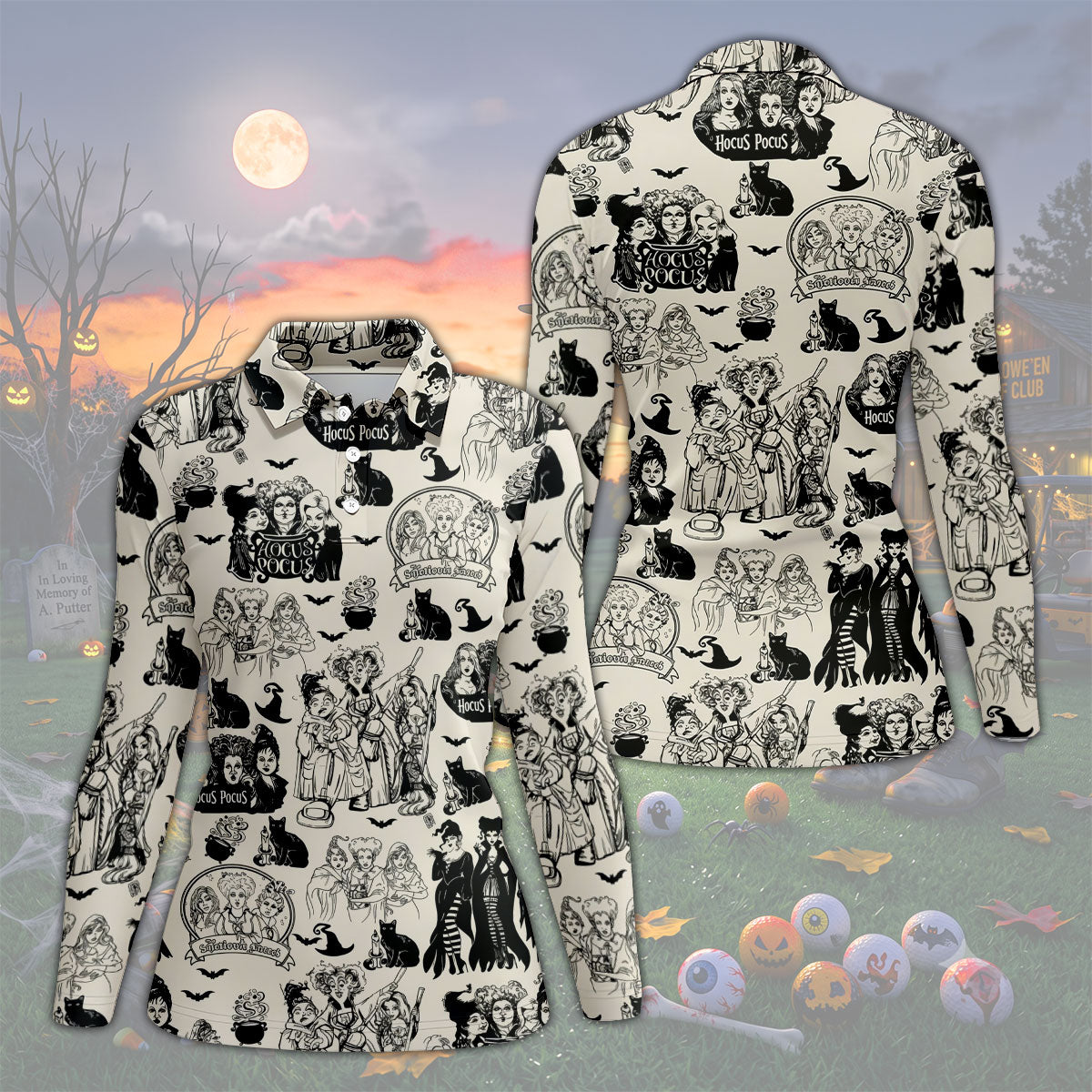 Witch Sisters Black Cat Halloween Polo Shirt, Golf Tops For Women, Women’s Golf Apparel