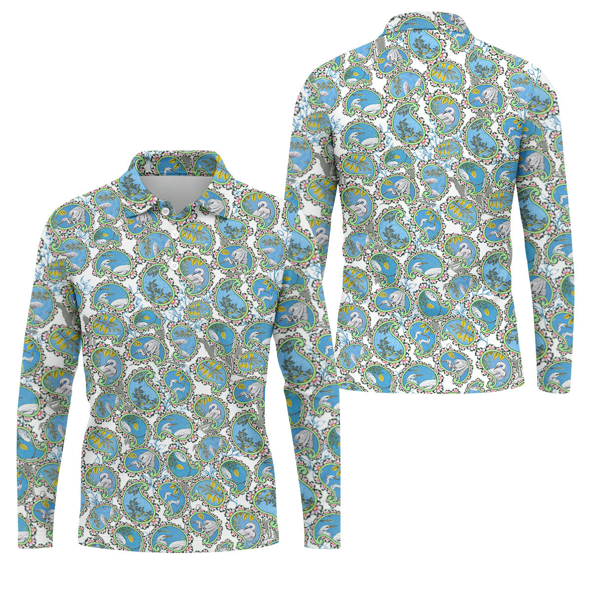 Paisley Flowers Heron Painting Print Golf Shirt, Polo ShirtFor Men, Golf Shirts For Men