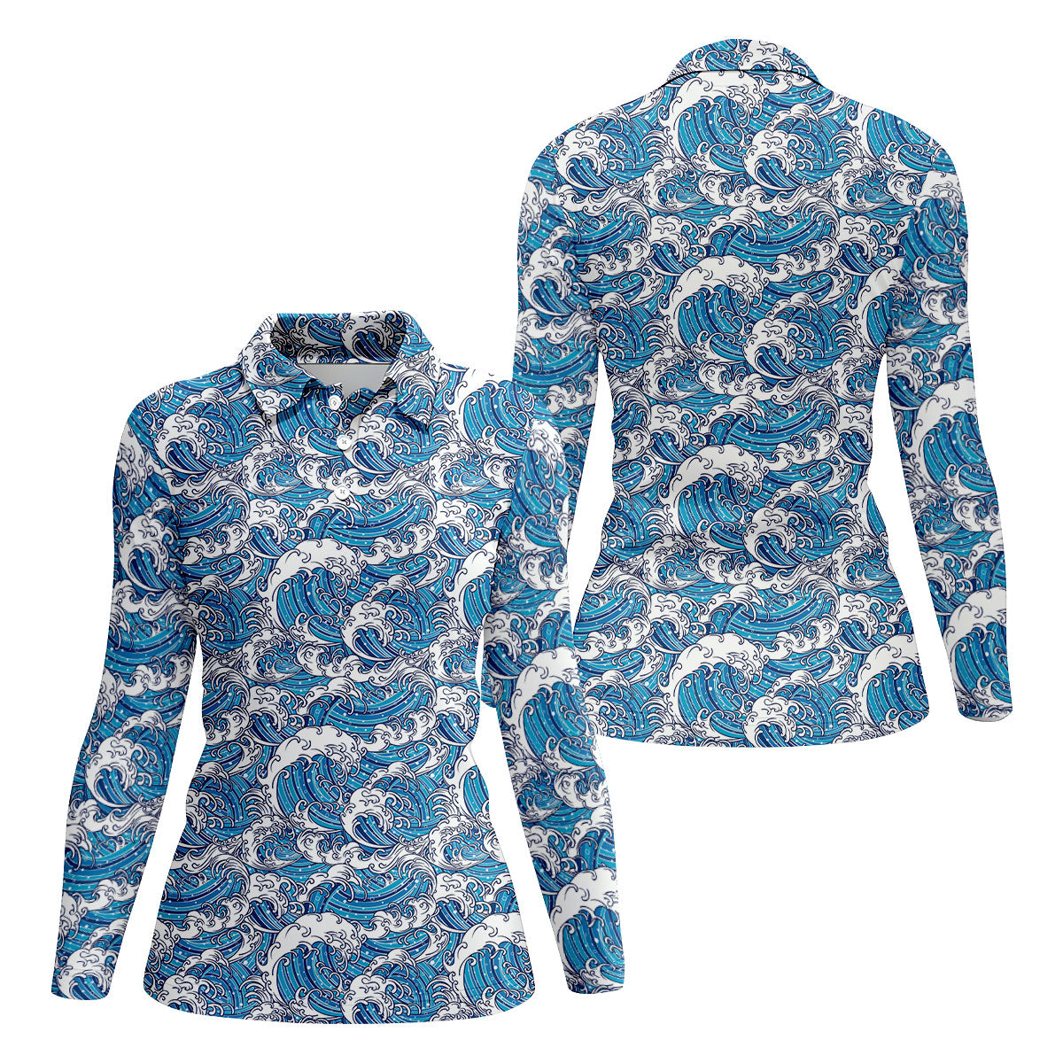 Japanese Wave Art Hawaiian Golf Shirt, Summer Ocean Women's Golf Tops, Ladies Golf Shirts