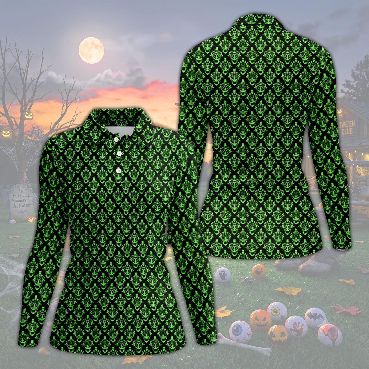 Neon Green Horror Character Pattern Golf Shirt, Women’s Golf Polo, Halloween Golf Shirt