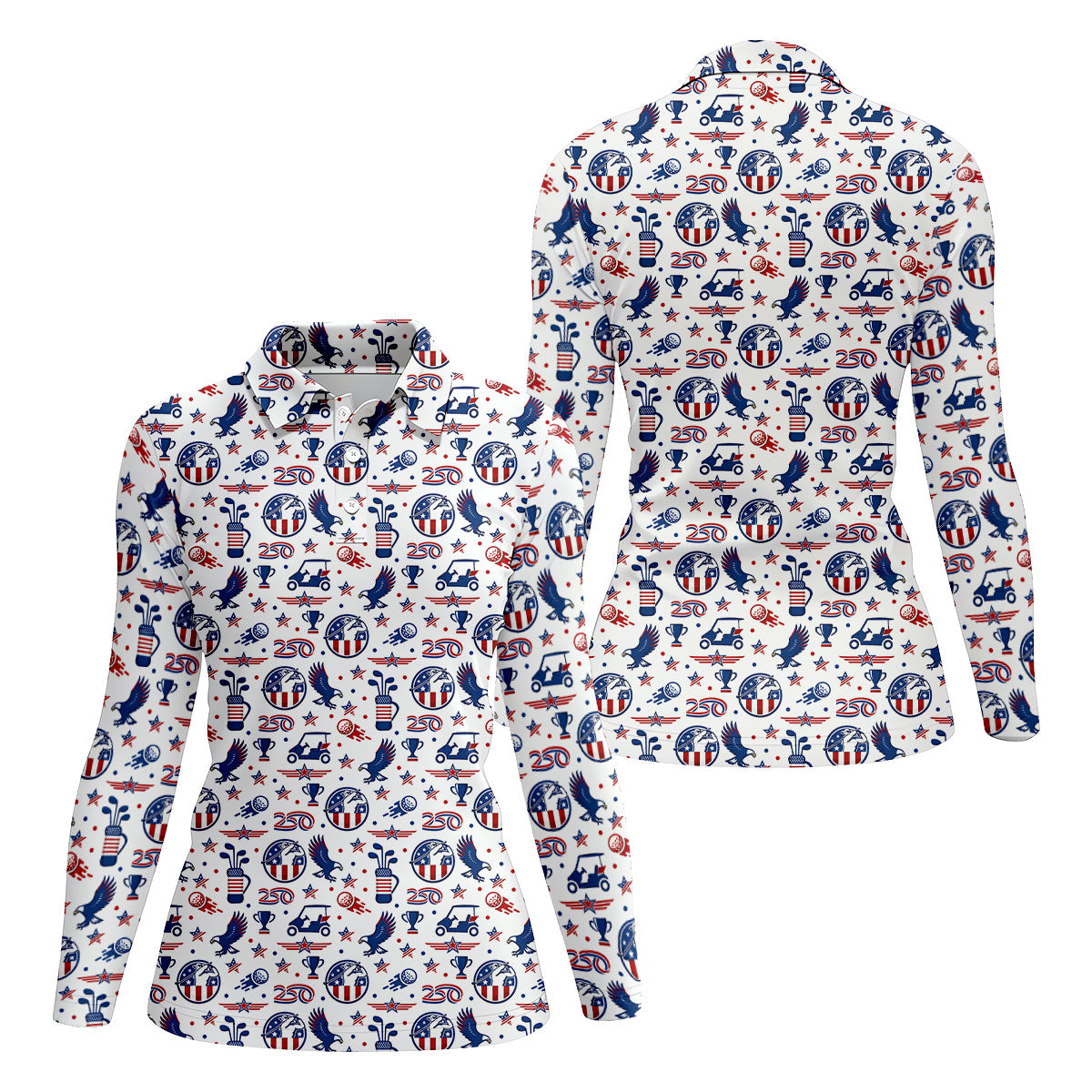 Bald Eagle American Flag Golf Pattern 4th Of July Women Golf Top, 250th Anniversary Patriotic Golf Shirt