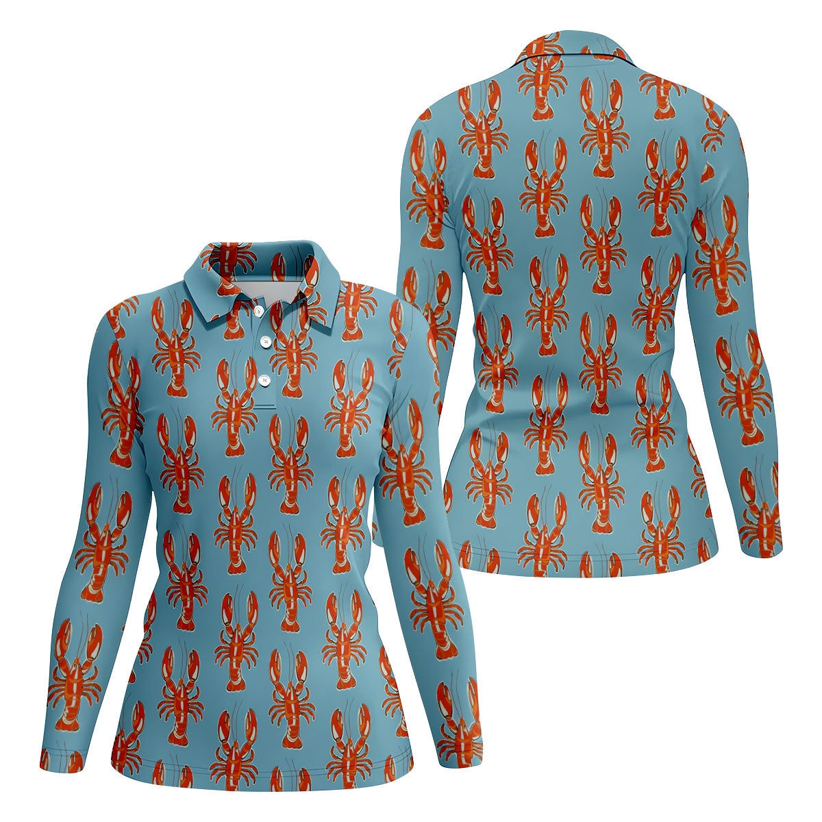 Orange Lobsters Light Blue Mardi Gras Golf Shirt, Women's Golf Shirts, Women's Golf Tops, Ladies Golf Shirts