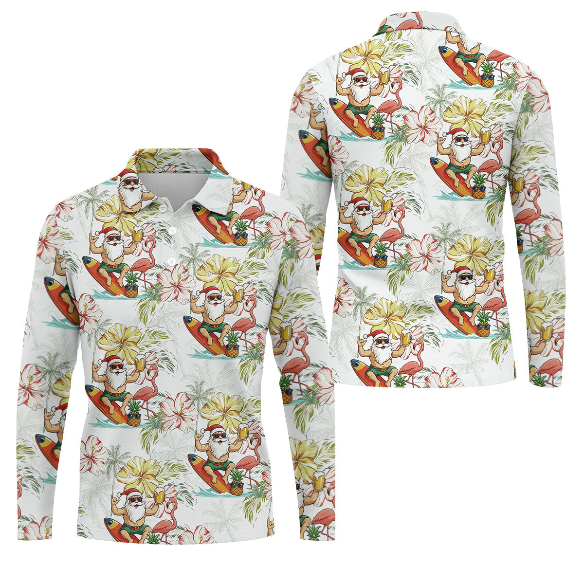 Surfing Santa Hawaiian Golf Shirt, Fun Men's Golf Polos, Christmas Golf Shirt, Golf Gift For Men