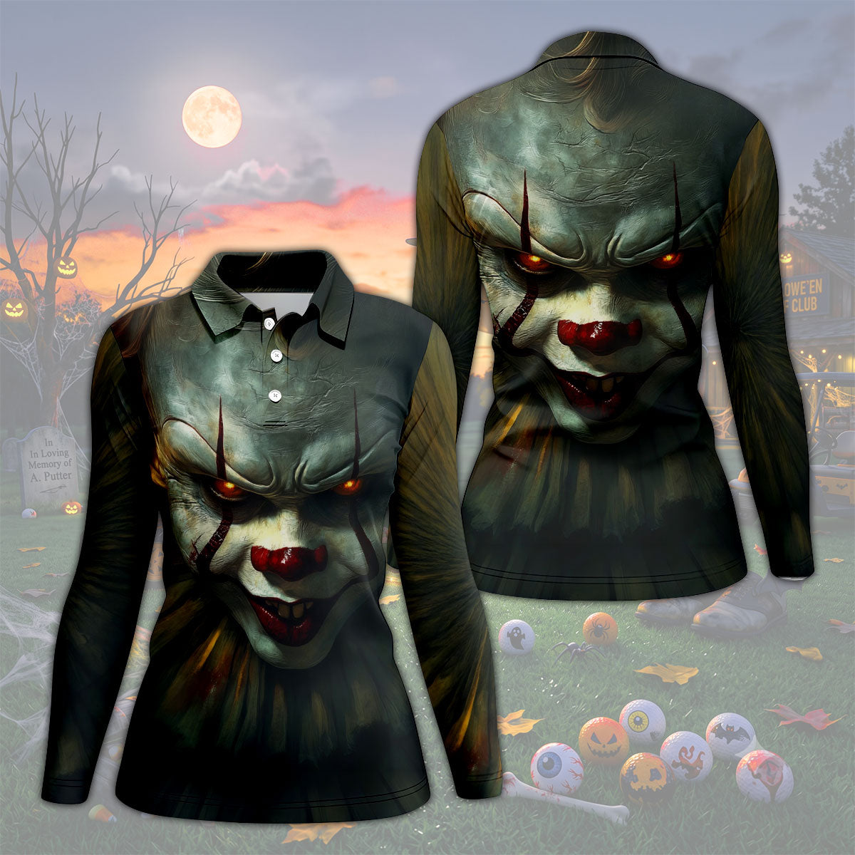 Scary Clown Face Halloween Polo Shirt, Golf Tops For Women, Women’s Golf Apparel