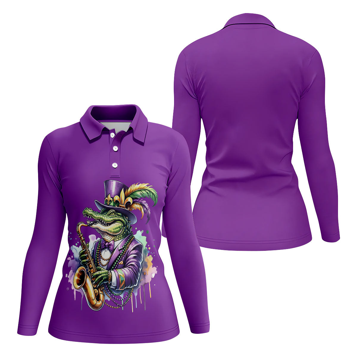 Mardi Gras Alligator Playing Saxophone Purple Golf Shirt, Women's Golf Tops, Ladies Golf Shirt