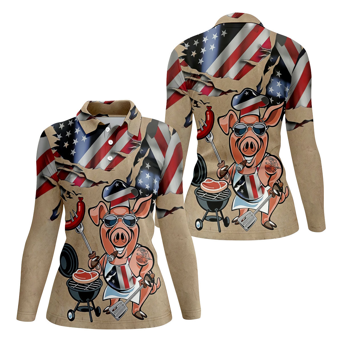 Patriotic American Flag Funny BBQ 250th Anniversary Dark Beige Women's Polo Shirt, Ladies Golf Shirts