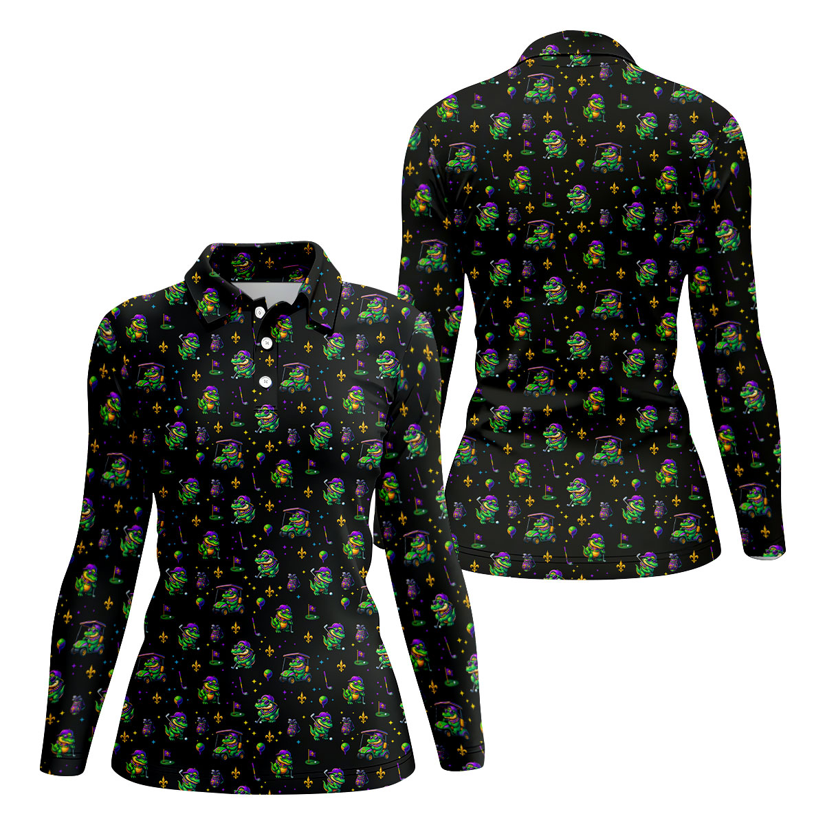 Funny Crocodile Mardi Gras Golf Shirts, Black Golf Shirt, Festive Women Golf Top, Ladies Golf Shirts