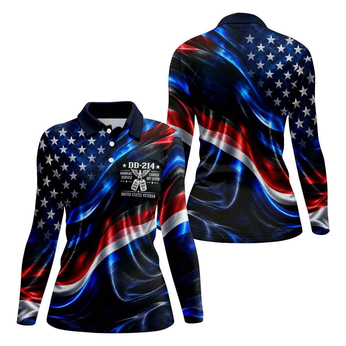 DD-214 Metallic USA Flag Golf Polo Shirt, Veterans Day Shirt, Golf Tops For Women