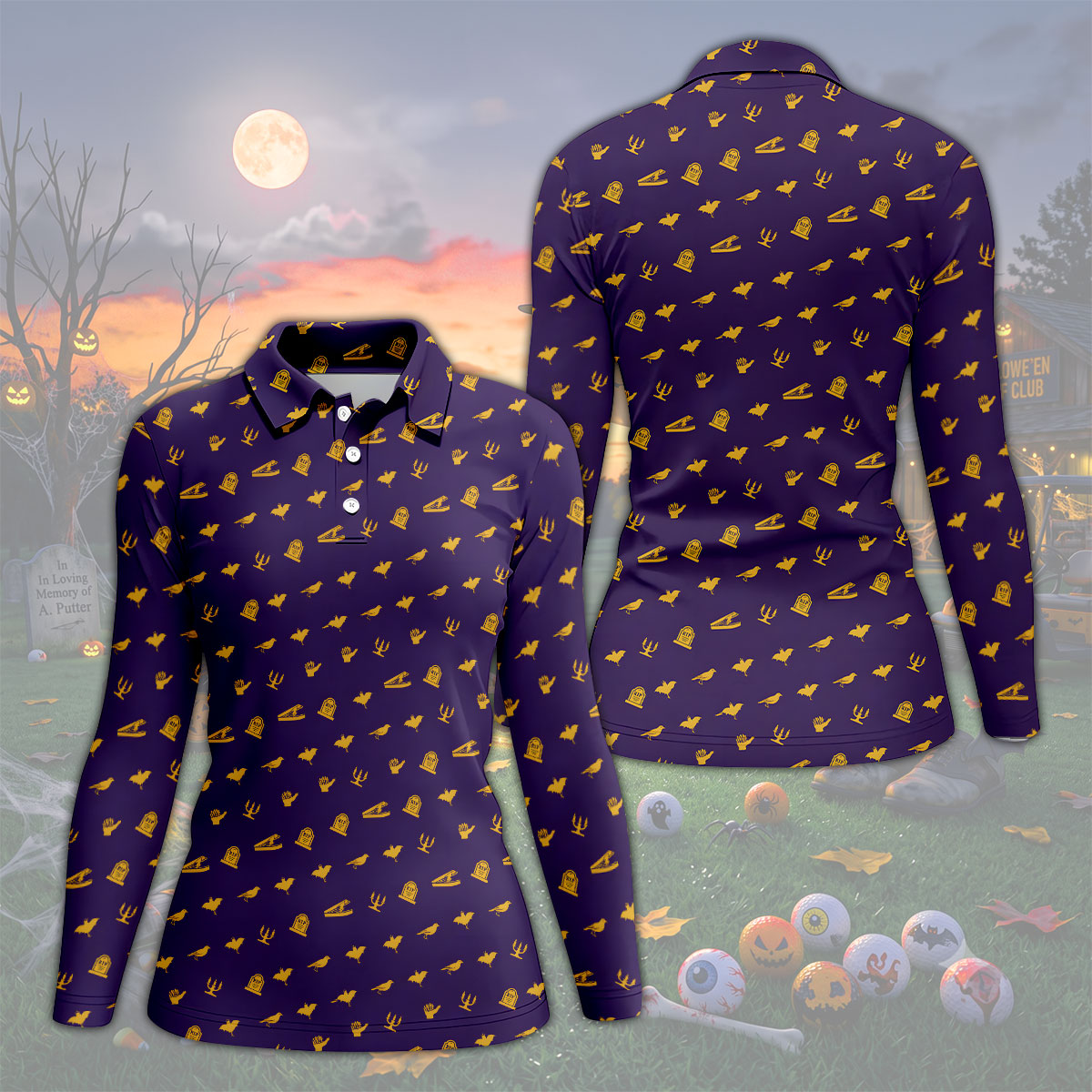 Purple Gravestone Bat Halloween Pattern Polo Shirt, Golf Polo For Women, Ladies Golf Top