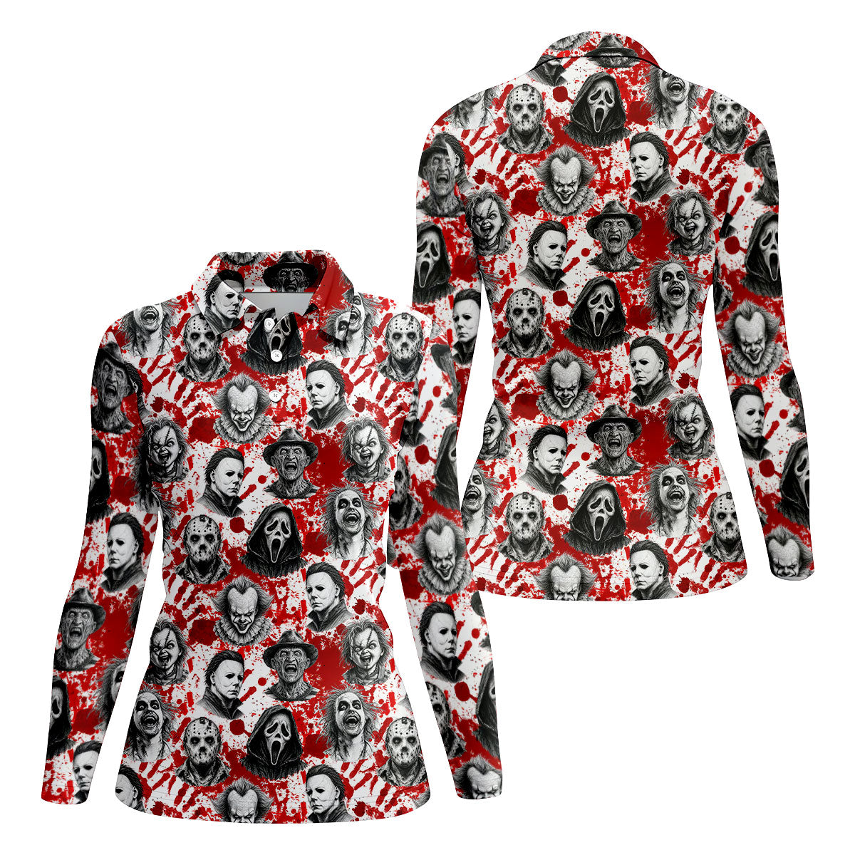 Halloween Horror Character Blood Splatter Polo Shirt, Womens Golf Tops, Women’s Golf Polo