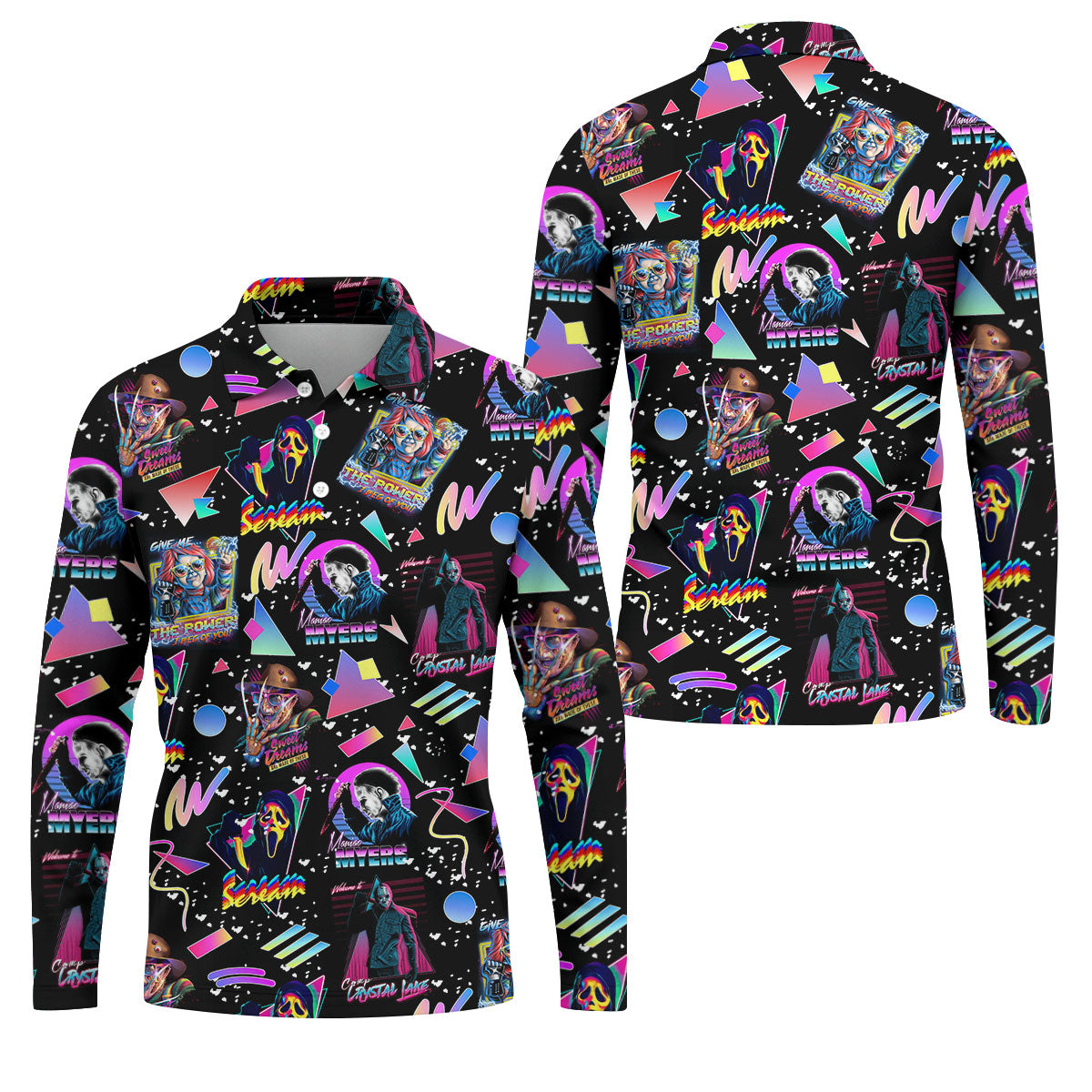 Retro Neon Horror Character Halloween Golf Shirt, Mens Golf Apparel, Hawaiian Golf Shirt