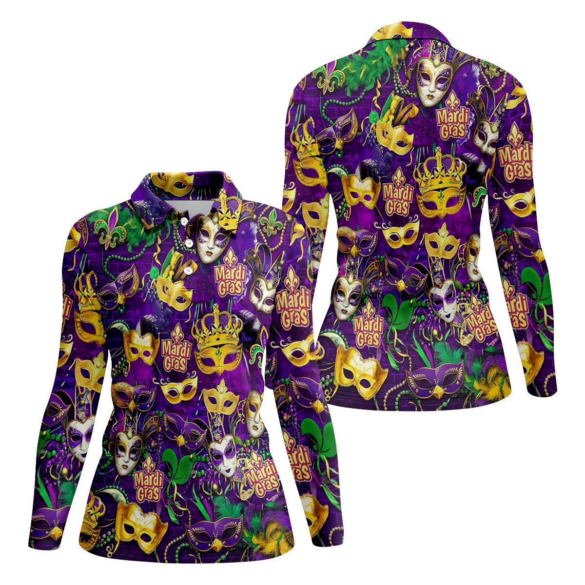 Purple Green Gold Festival Mask Mardi Gras Golf Shirt, Women's Golf Tops, Ladies Golf Polos