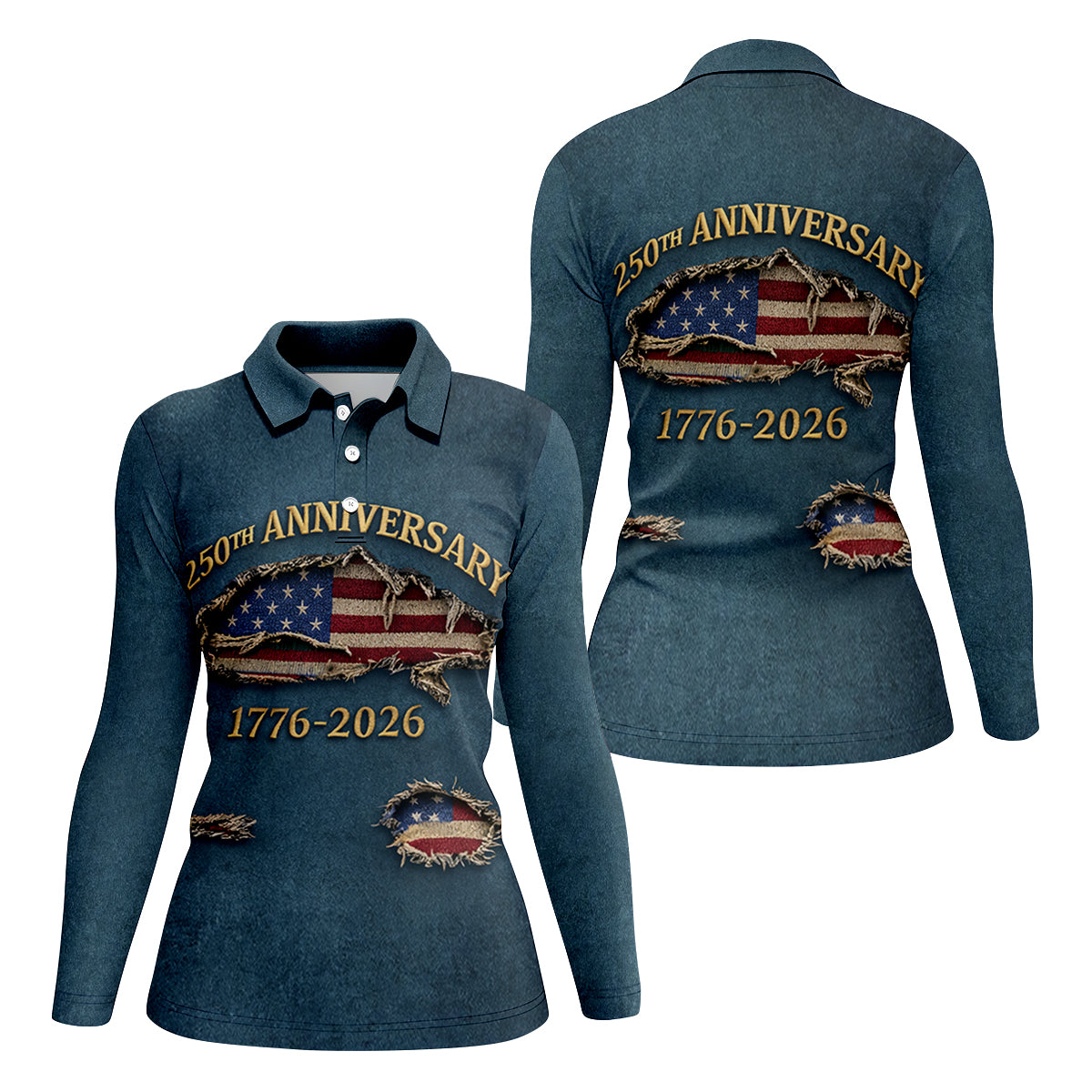 Patriotic American Flag 250th Anniversary Blue Denim Color Ripped Effect Women's Golf Tops, Ladies Golf Shirts